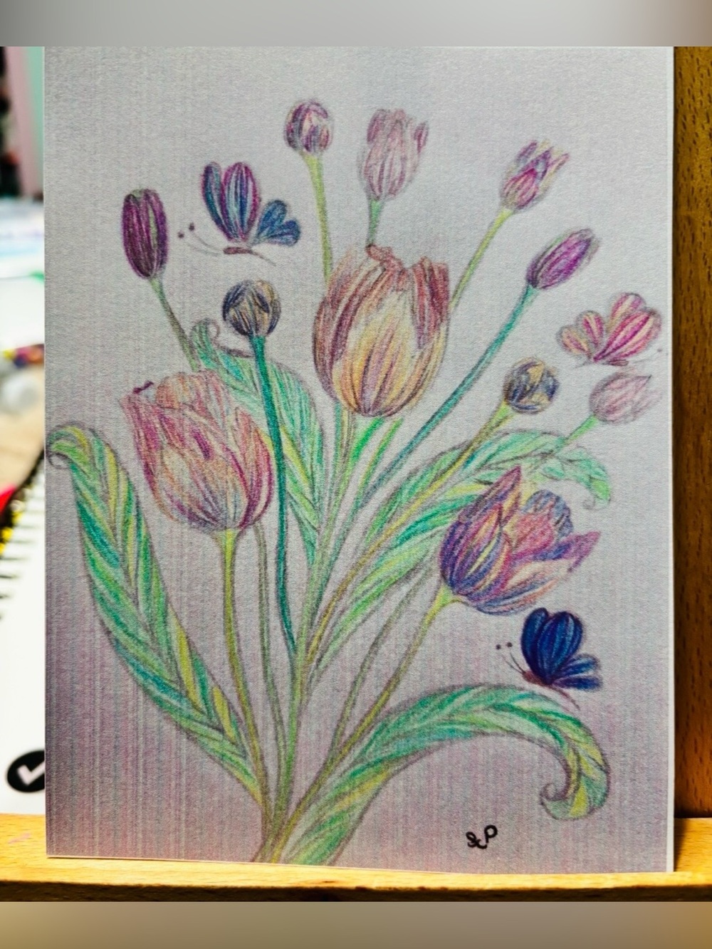 Color pencil tulip art Print with Butterflies